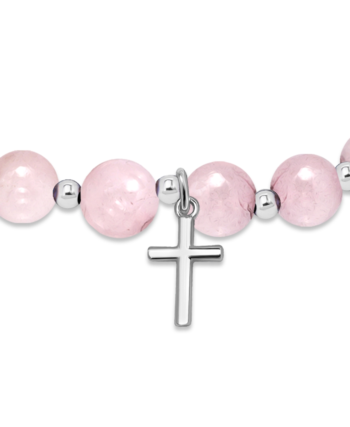 Shop Macy's Silver-plated Beaded Cross Charm Stretch Bracelet In Rose Quartz,silver