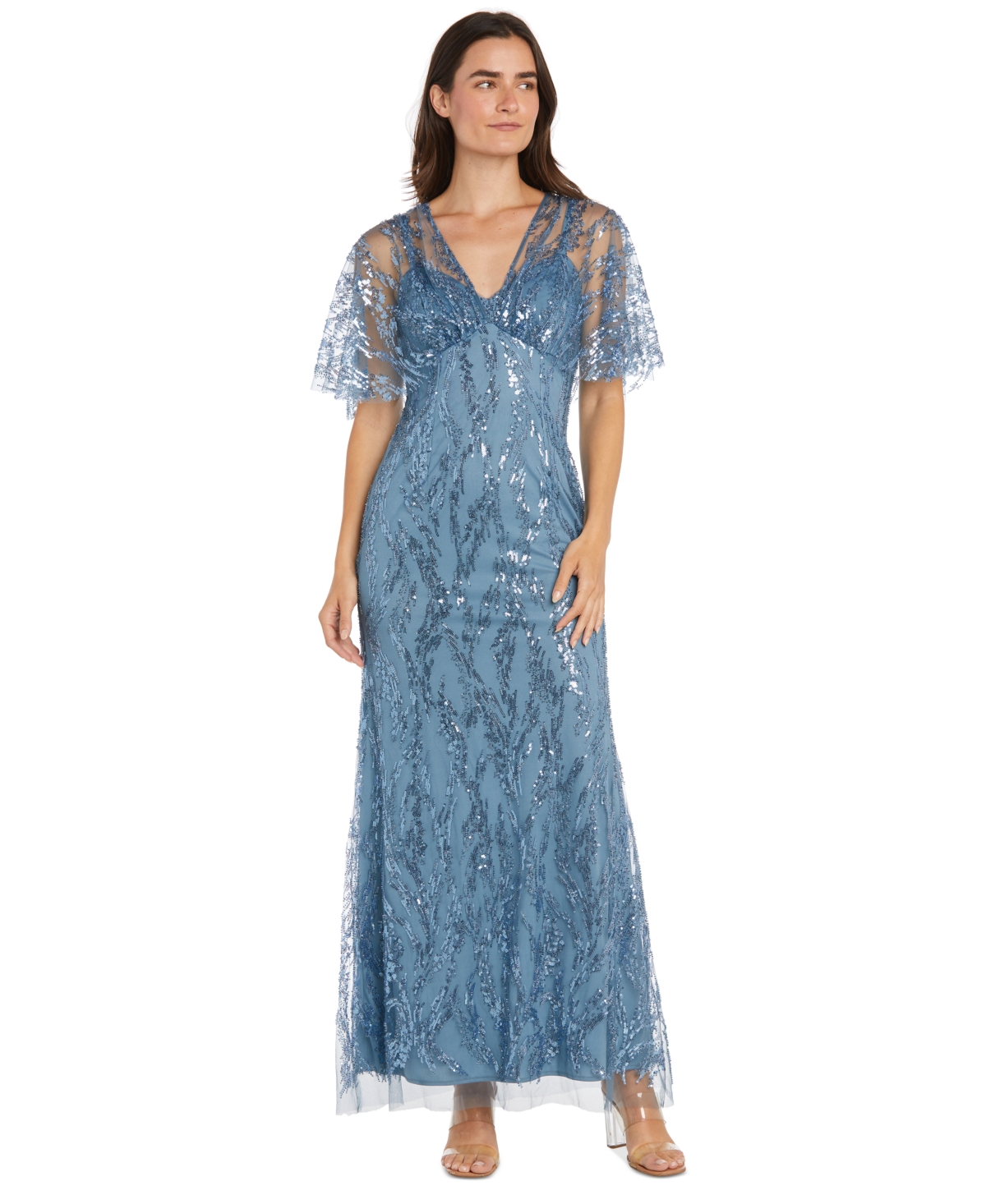 Women's Flutter-Sleeve Sequin Gown - Blue