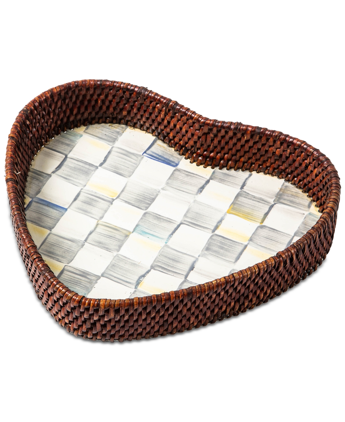 MACKENZIE-CHILDS STERLING CHECK RATTAN ENAMEL HEART TRAY 