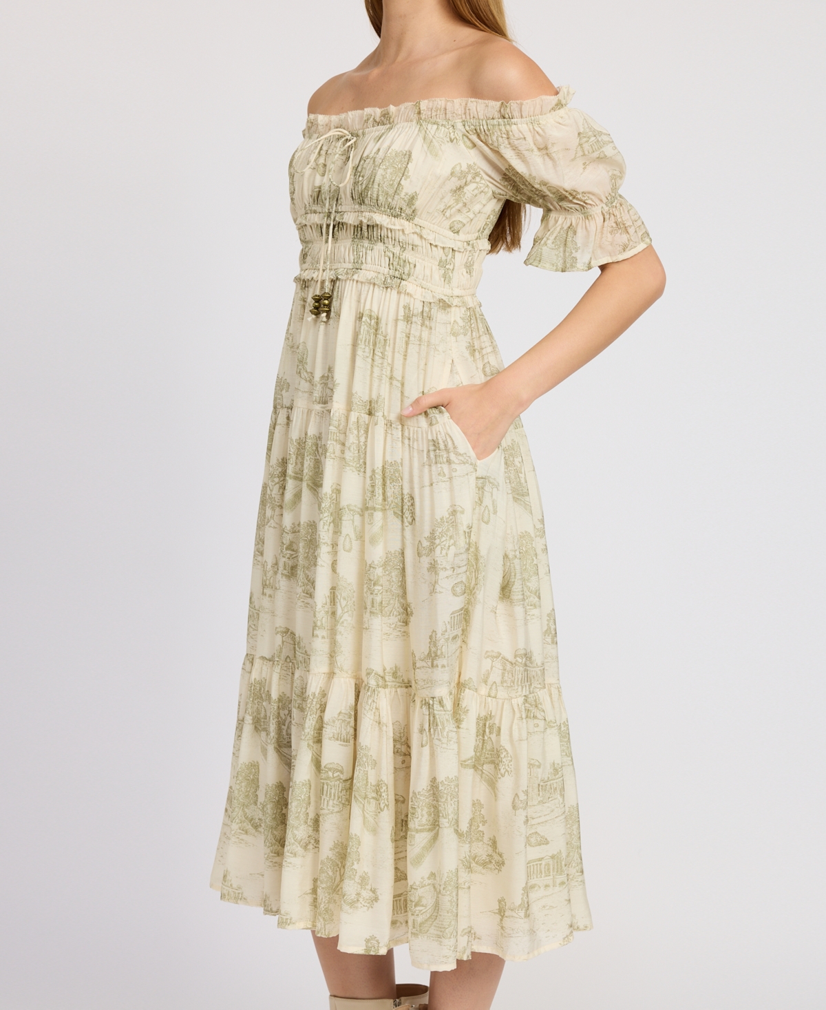 En Saison Leighton Toile Print Off The Shoulder Midi Dress In Cream Olive