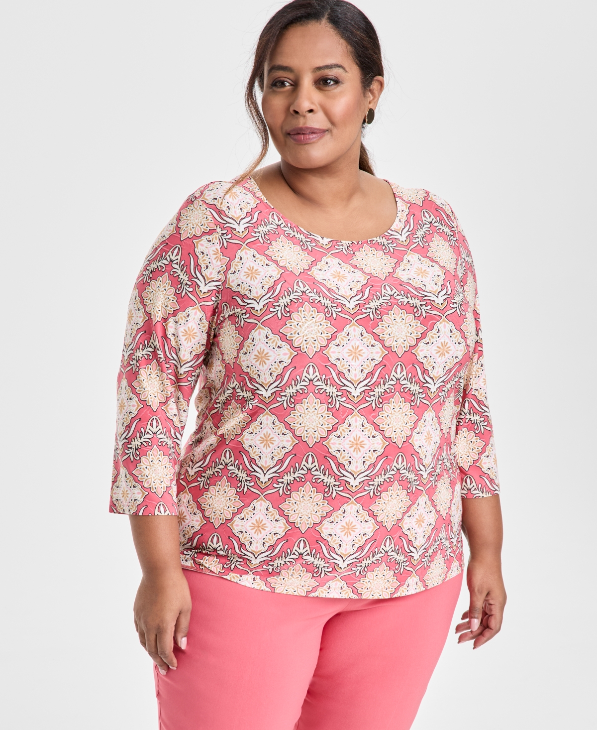 JM COLLECTION PLUS SIZE JACQUARD PRINTED 3/4-SLEEVE TOP, EXCLUSIVELY AT MACY'S 