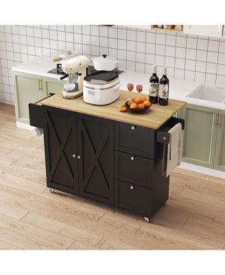45.4" Farmhouse Black Rolling Kitchen Cart on Wheels with Storage Cabinet