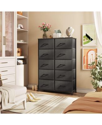 10-Drawer Dresser Fabric Storage Tower for Bedroom Hallway Closets Tall Chest Organizer Unit with Textured Print Fabric Bins Steel Frame Wood Top Easy Pull Handle