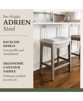 Adrien Saddle Bar Stool in Oak Finish with Ash Grey Fabric Upholstery, Set of 2