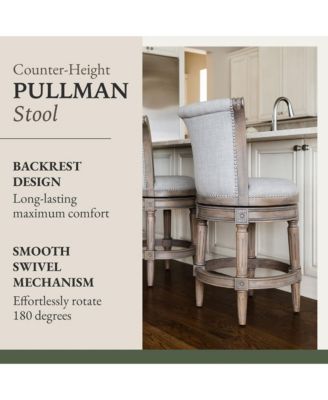 Pullman Counter Stool in Reclaimed Oak Finish with Ash Grey Fabric Upholstery, Set of 4
