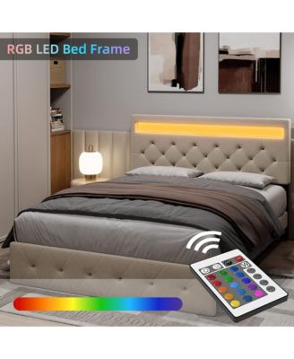 Platform Bed with USB Port and LED Light Headboard Wood Slat Support Bed Frame