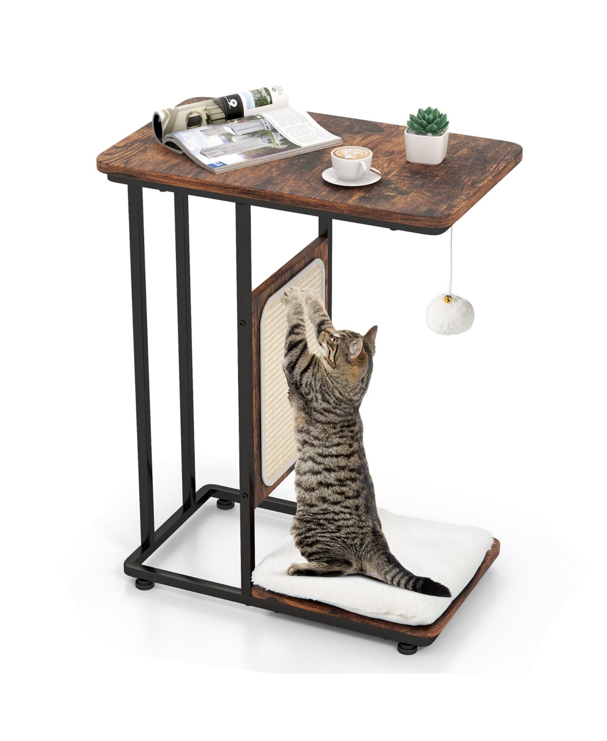 Cat Tree & C- Shaped Cat Side Table w/ Scratching Board Hanging Toy Rustic - Rustic brown