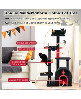6-Tier Gothic Cat Tree 53'' Tall Cat Tower w/ Cat Bed Arch-Shaped Condo Pompom