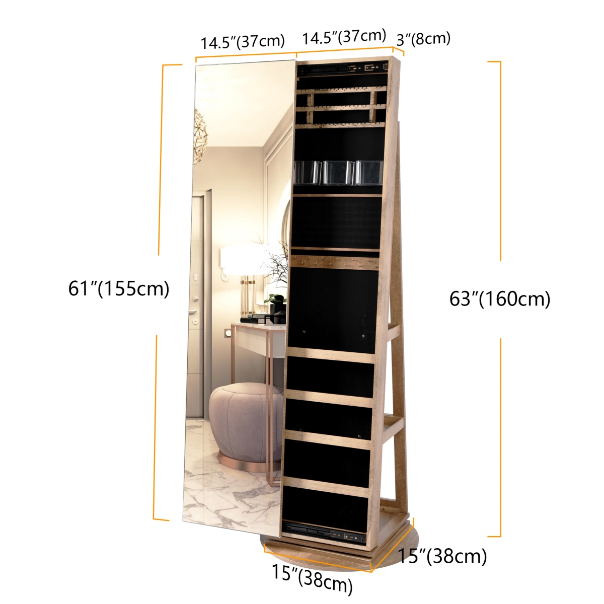 Vlsrka 360° Swivel Free-Standing Jewelry Armoire Cabinet with Mirror