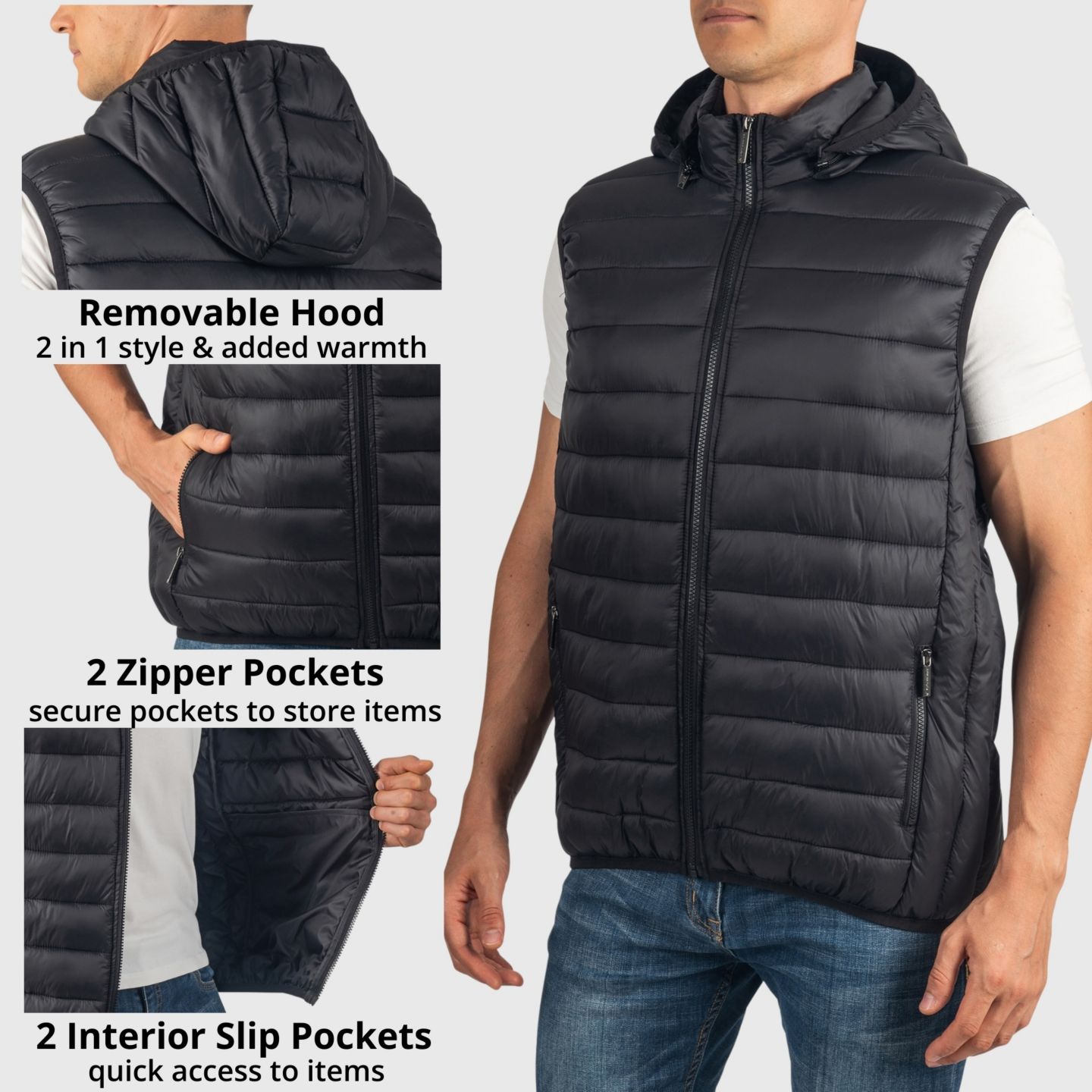 Мужская куртка Alpine Swiss Gage Hooded Puffer Vest Down Alternative Packable Vest, цвет: Чёрный — фото 2