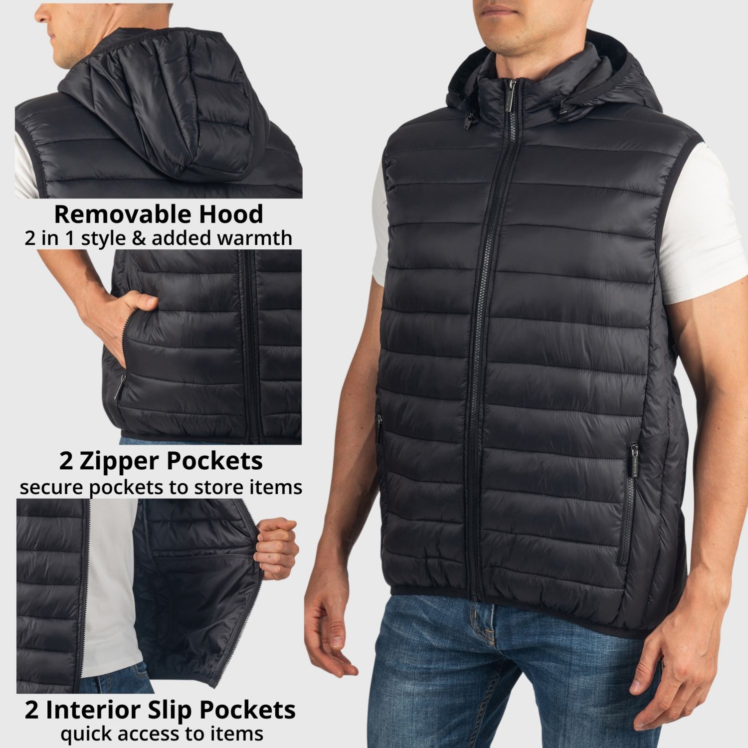Gage Mens Hooded Puffer Vest Down Alternative Packable Vest Jacket