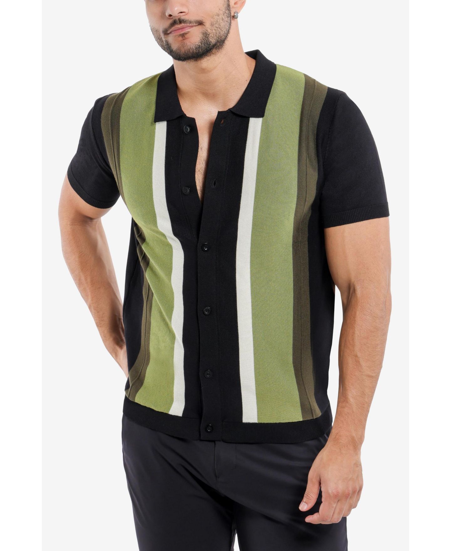 Мужские топы SPRING + MERCER Stripe Short Sleeve Sweater Polo, цвет: Чёрный / Оливковый — фото 5
