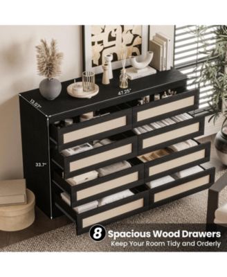 8 Drawer Double Dresser for Bedroom, Rattan Chest of Dressers