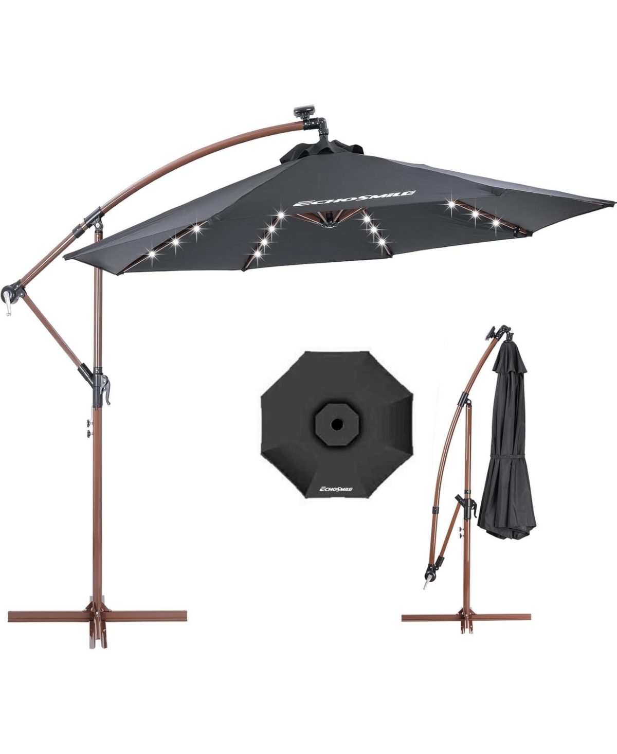 10ft Solar Offset Patio Umbrella With 8 Ribs and 32 Led Lights Cantilever Hanging Outdoor Umbrella Crank w/easy Tilt Adjustment & Uv Protect