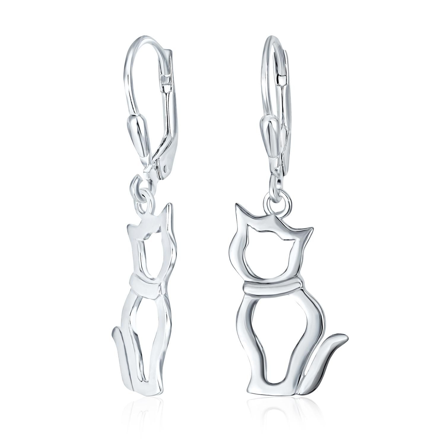 Animal Lover Cut-Out Cat Dangle Earrings .925 Sterling Silver Lever Back