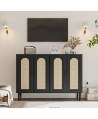 Rattan Sideboard Buffet Cabinet, 4 Doors Accent Storage Cabinet
