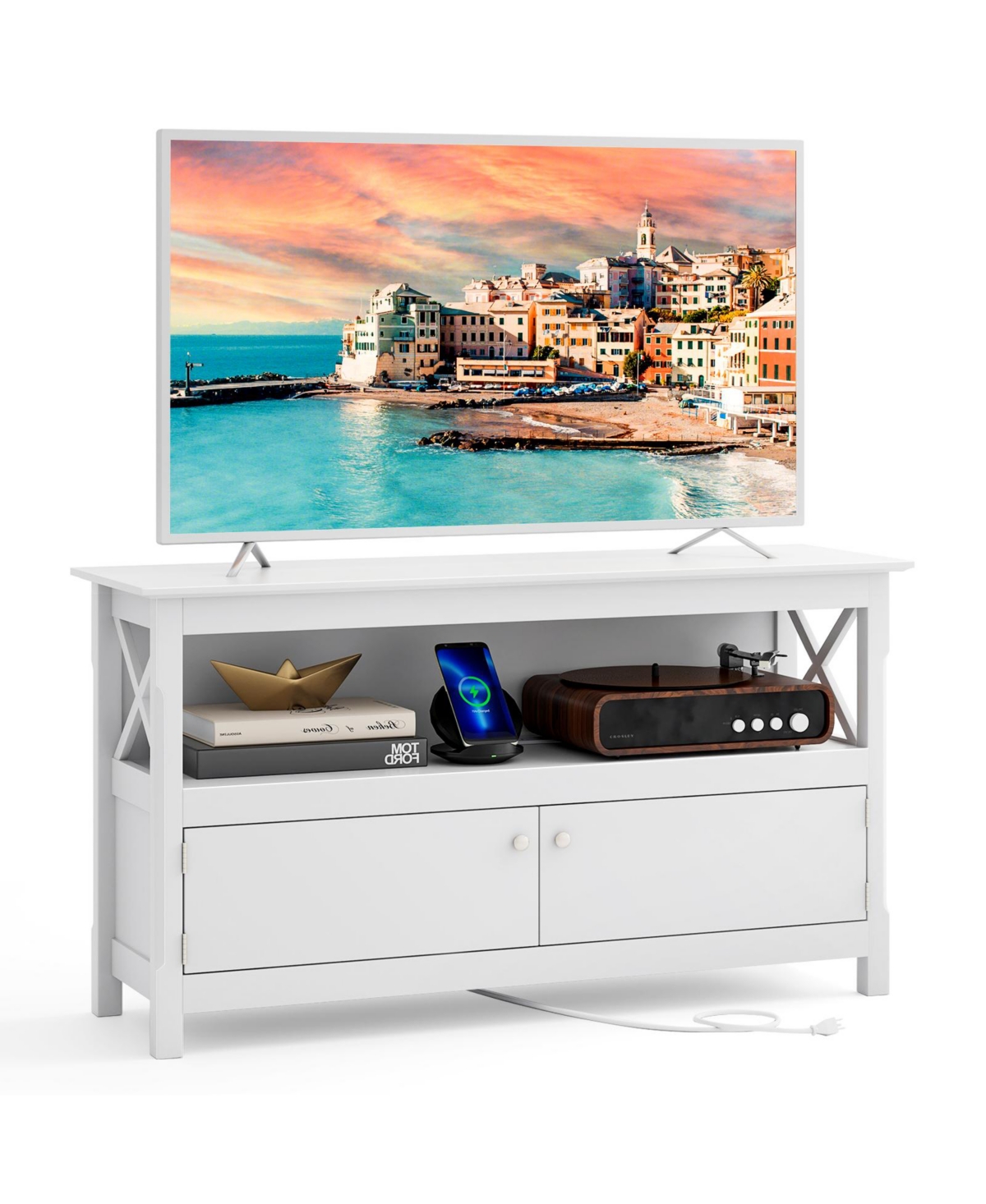 Tv Stand Entertainment Center with Charging Station for TVs up to 50 Inch - White