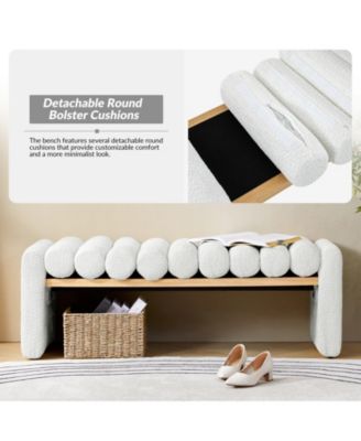 Modern Bench with Solid Wood and Removable Round Bolster Cushions