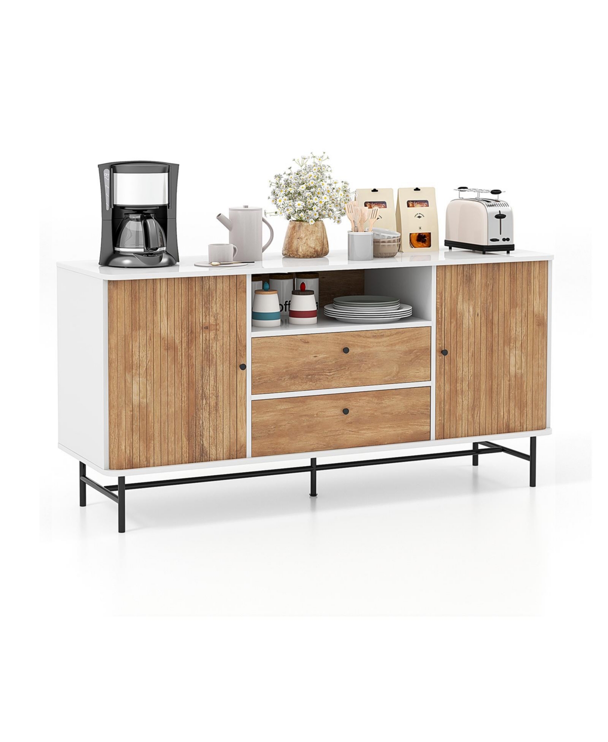 Gouun Mid Century Modern Buffet Sideboard with Sliding Tambour Doors and 2 Storage Drawers