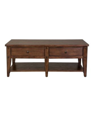 Rustic Oak Cocktail Table with Planked Top, Push-Through Drawers & Tapered Legs for Living Room