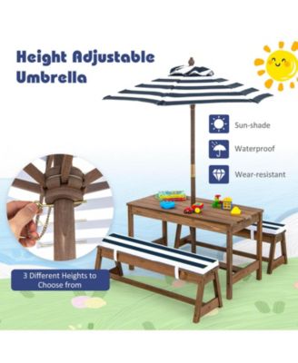 Kids Picnic Table and Bench Set with Cushions and Height Adjustable Umbrella
