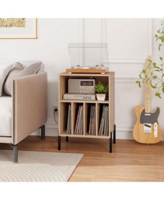 Record Player Stand with Record Storage Shelf and Charging Station