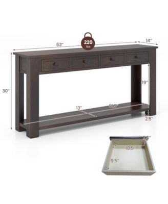 63 Inches Farmhouse Entryway Table with 4 Storage Drawers and Open Shelf