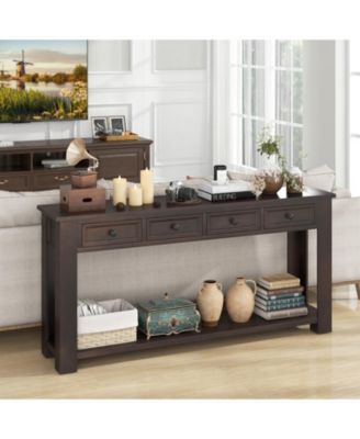 63 Inches Farmhouse Entryway Table with 4 Storage Drawers and Open Shelf