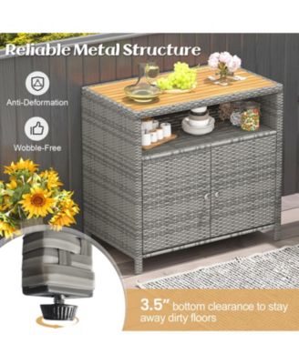 Rattan Storage Cabinet with Acacia Wood Countertop for Poolside Deck and Patio