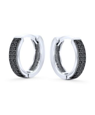 Black Pave CZ Cubic Zirconia Micro Pave 2 Row Huggie Hoop Earrings .925 Sterling Silver .30 inch Diameter