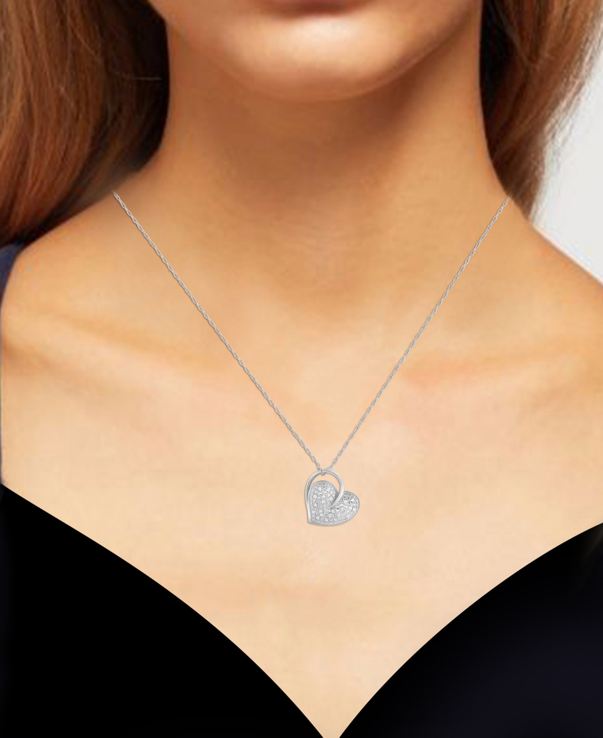 MACY'S DIAMOND PAVE HEART & POLISHED RING 18" PENDANT NECKLACE (1/4 CT. T.W.) IN STERLING SILVER 