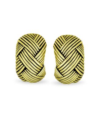 Half Hoop Shrimp Style Woven Braided Dome Basket Weave Clip On Earrings Button Style Non Pierced Ears Oxidized Gold Plated Brass