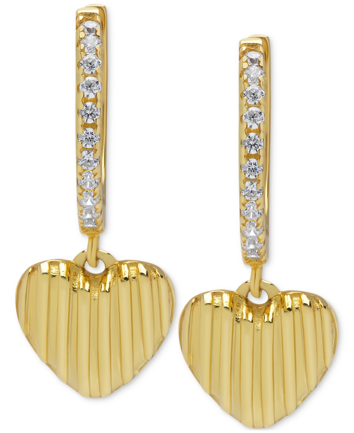 Macy's Lab Grown White Sapphire Dangle Heart Huggie Hoop Earrings (1/5 Ct. T.w.) In 14k Gold-plated Sterlin In Gold