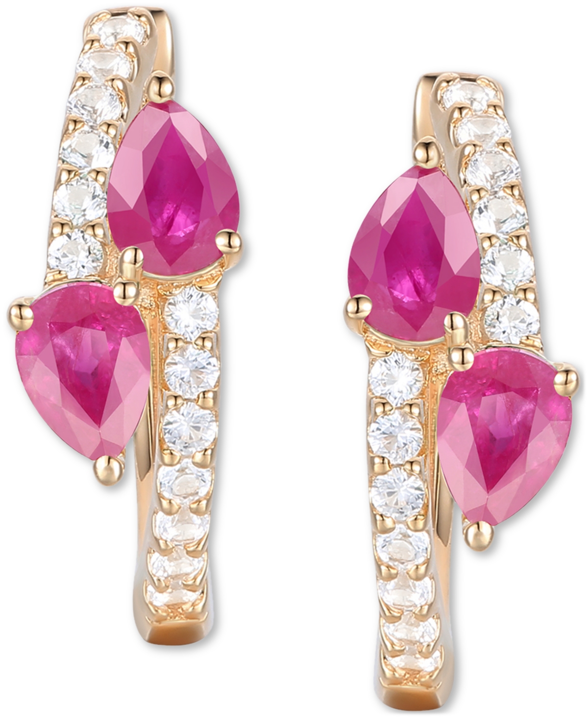 Macy's Sapphire, Ruby Or Emerald (3/4 Ct. T.w.) & Diamond (1/5 Ct. T.w.) Bypass Hoop Earrings In 14k Gold O In Ruby