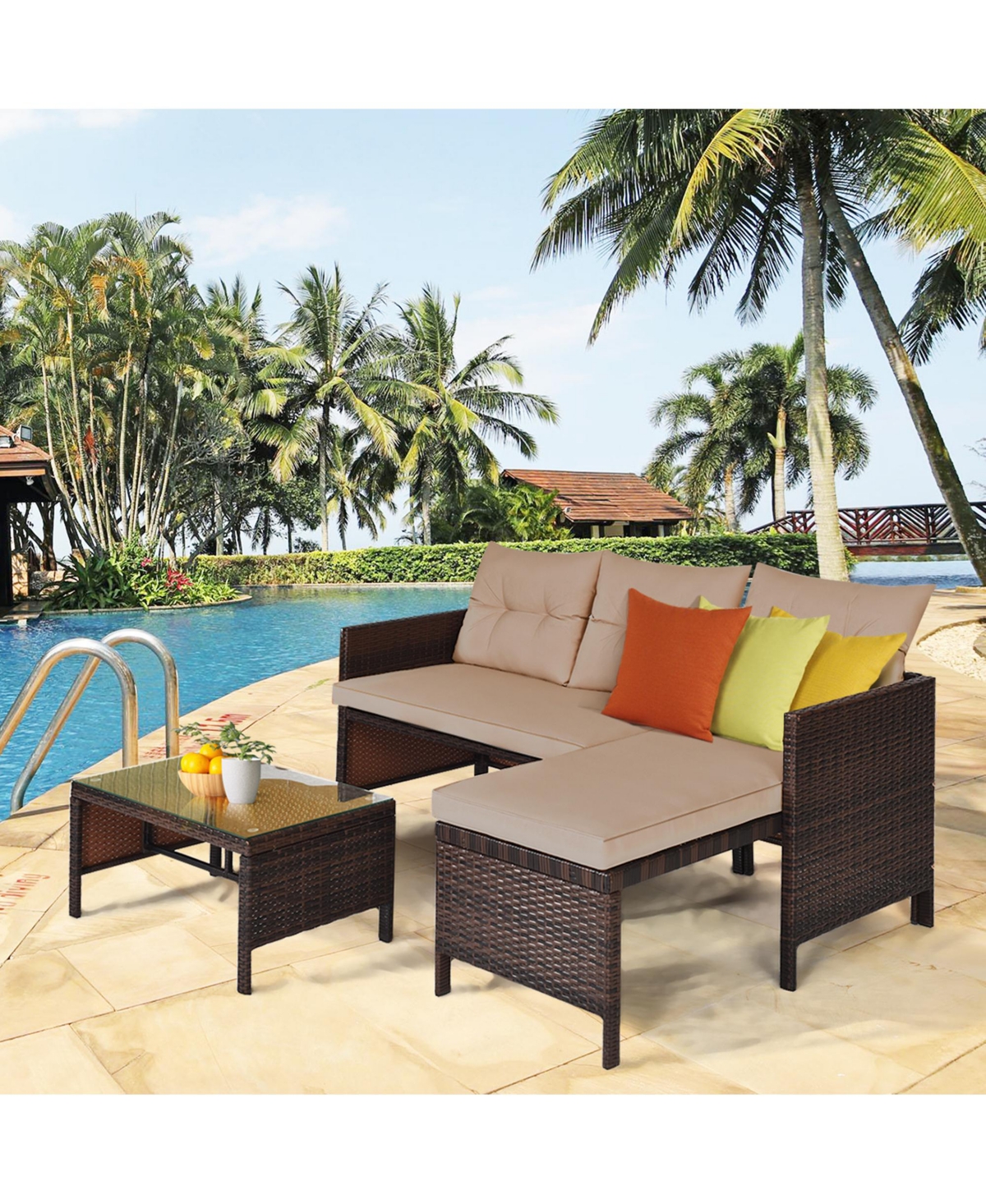 Gymax 3PCS Outdoor Rattan Furniture Set Patio Couch Sofa Set w/ Coffee Table