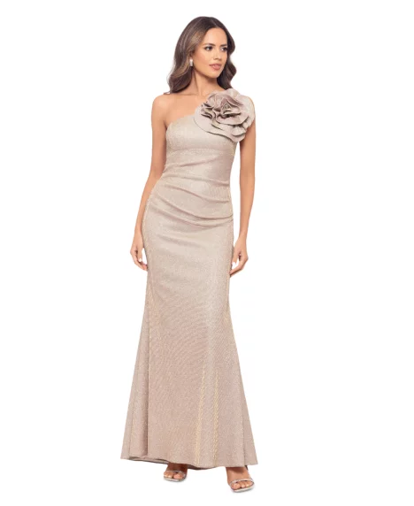 Petite Rosette One-Shoulder Gown  - White/Pink/Gold