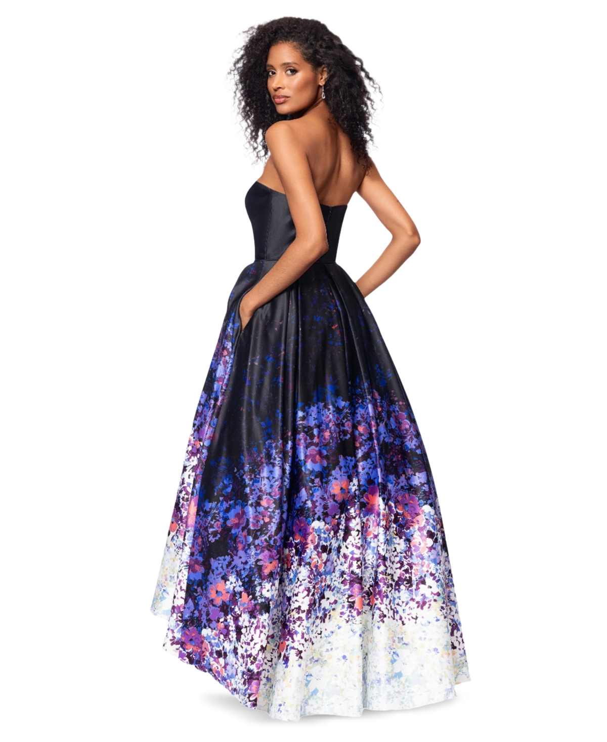 Betsy & Adam Petite Strapless High-low Ball Gown In Black Floral