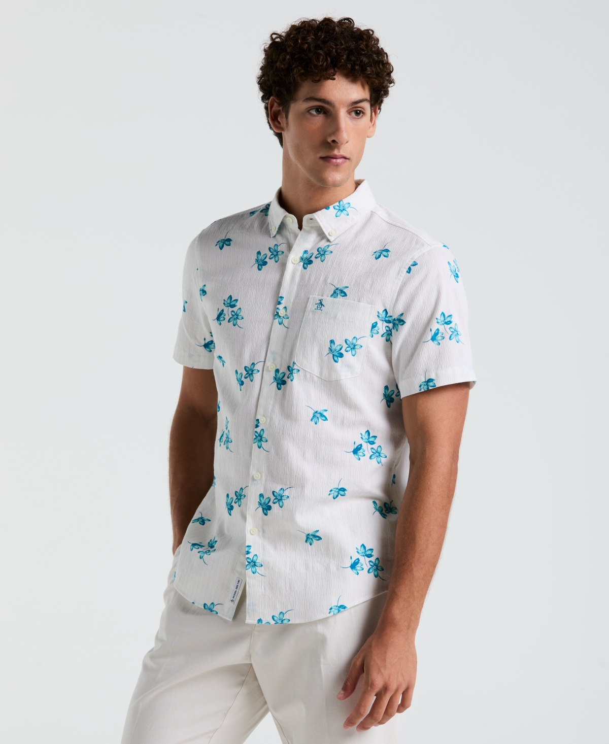 Men's Floral Print Button-Down Shirt - Bright White
