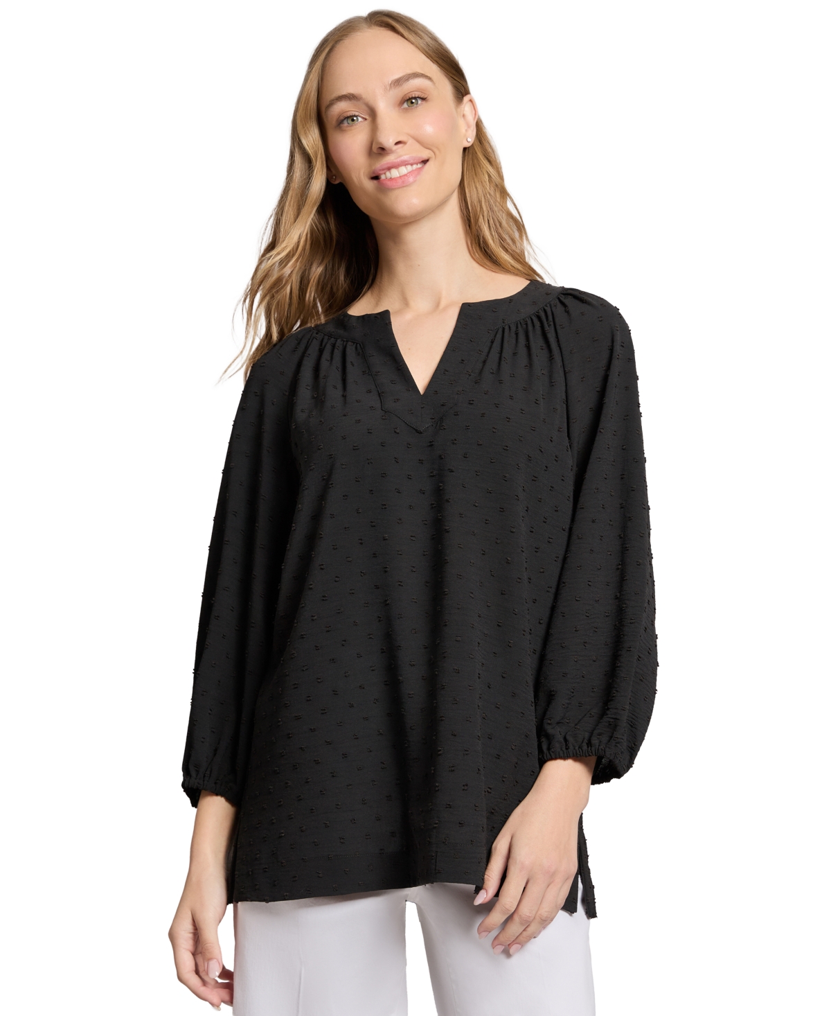 JONES NEW YORK WOMEN'S 3 QUARTER SLEEVE NOTCH NECK POPOVER DOTTED BLOUSE