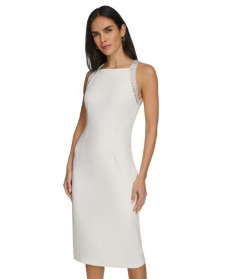calvin klein white sheath dress CHIFFON BELL SLEEVE DRESS, WHITE/CREAM , SIZE 10P NWT An exposed back zipper adds an extra hint of modern allure to this curve Calvin Klein Linen V Neck