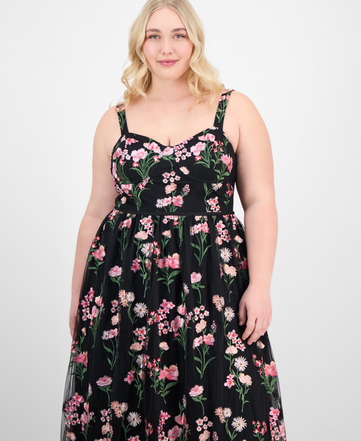 CITY STUDIOS TRENDY PLUS SIZE EMBROIDERED TULLE SLEEVELESS GOWN, CREATED FOR MACY'S 