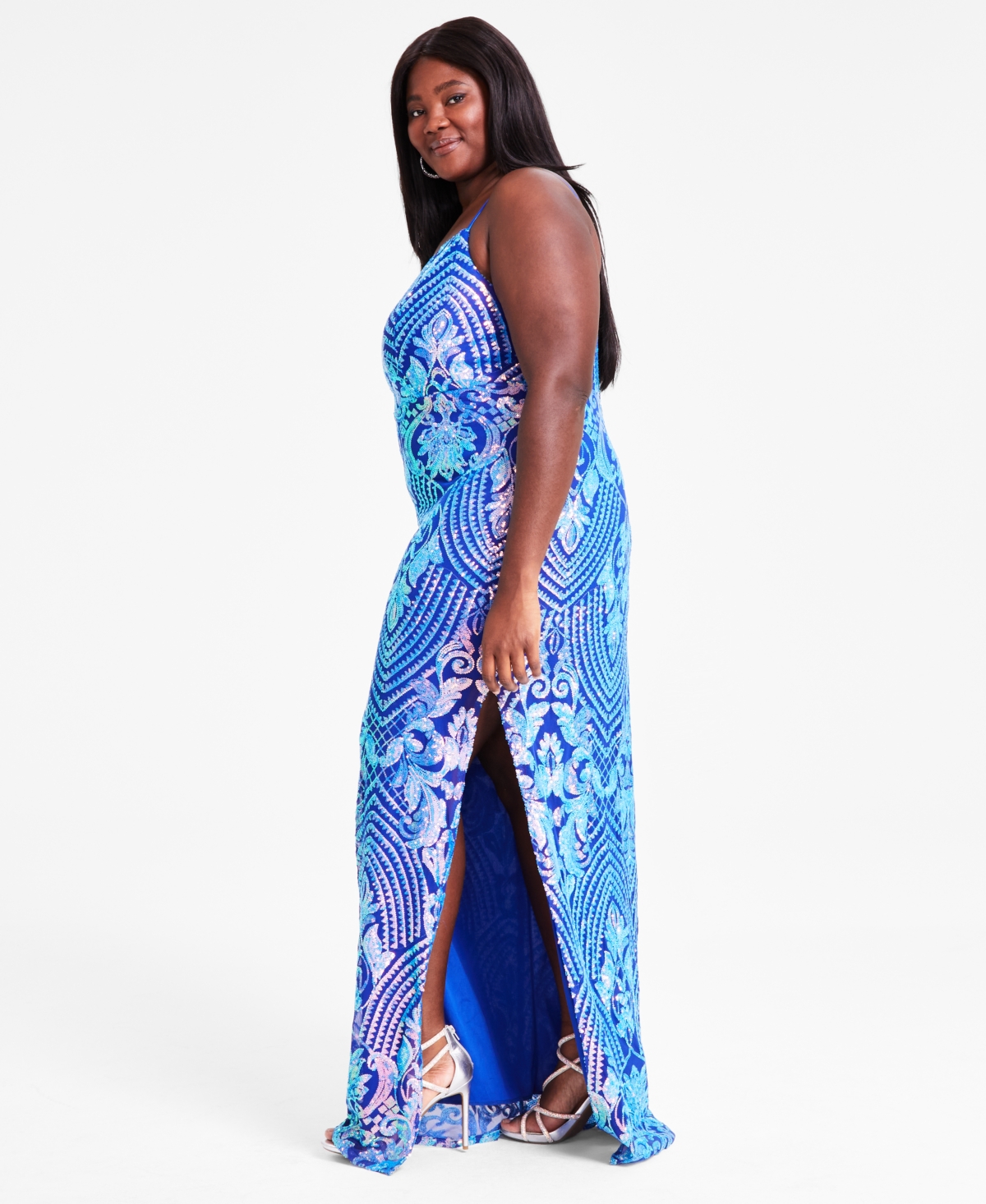 Emerald Sundae Trendy Plus Size Patterned-sequin Gown In Royal Aqua