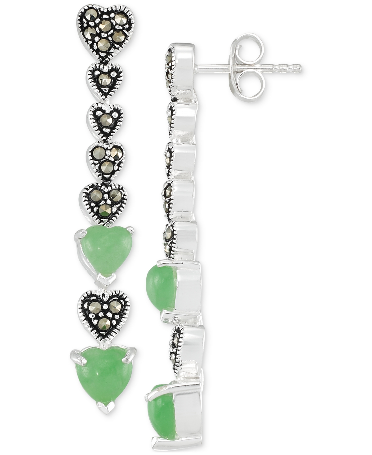 Macy's Marcasite & Jade Heart Linear Drop Earrings In Sterling Silver In Jade