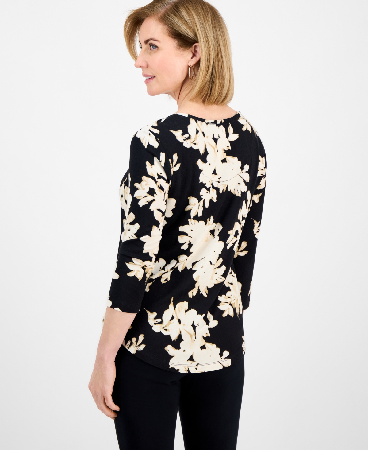 Jm Collection Women's Printed 3/4-sleeve Top, Exclusively At Macy's In Black Floral