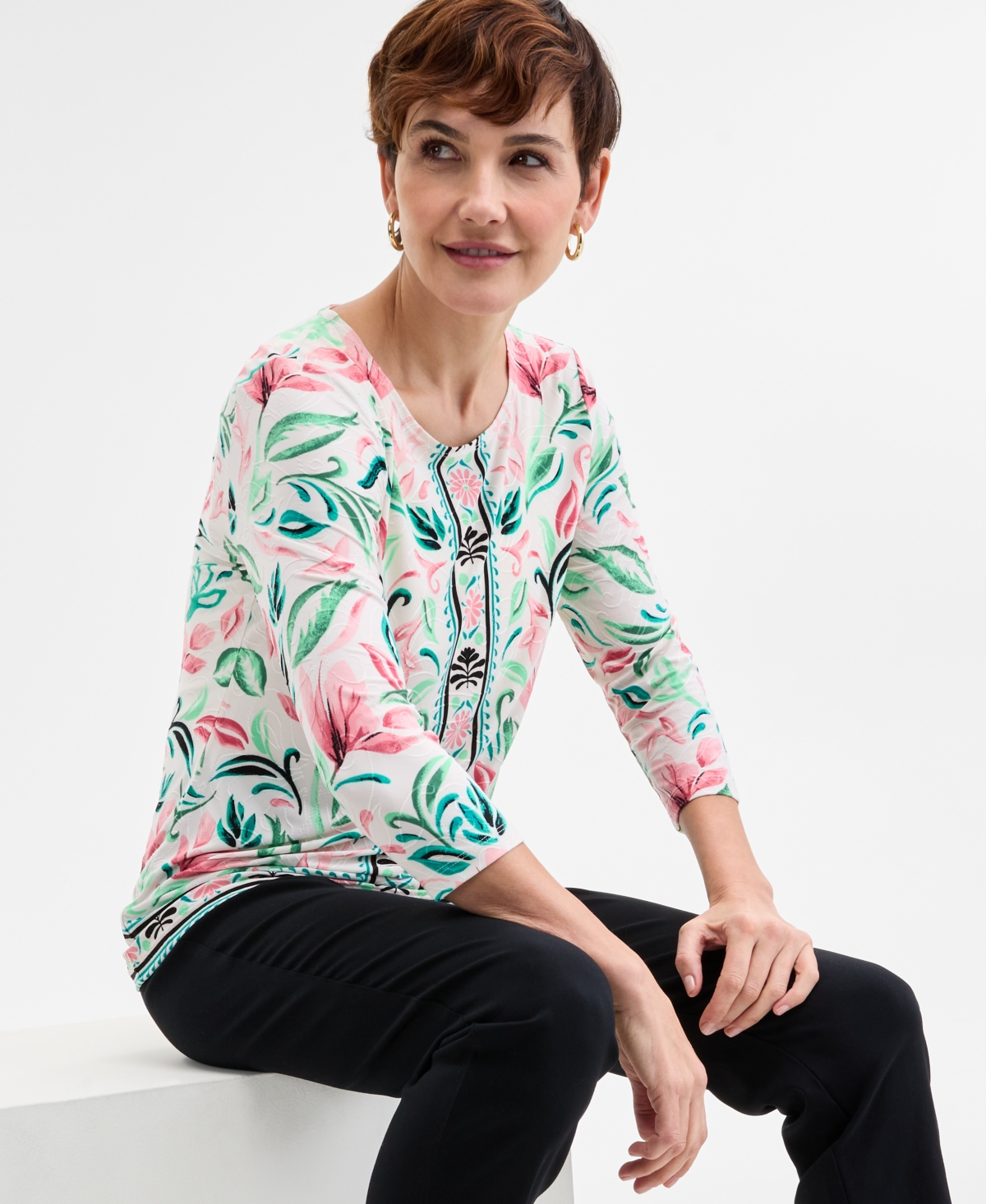 Shop Jm Collection Petite 3/4-sleeve Jacquard Top, Exclusively At Macy's In Eggnog Combo