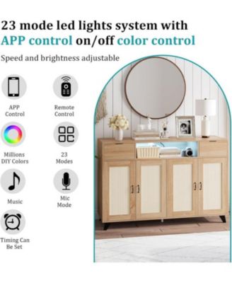 Sideboard Buffet Cabinet, 47" Accent Storage Cabinet with 4 Rattan Doors & 2 Drawers Console Table Coffee Bar w/Power Outlet & LED Light Adjustable Shelves for Dining Living Room, Hallway