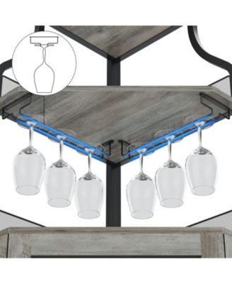 Corner Bar Cabinet: 5-tier industrial design with LED lights, glass holder, and adjustable shelves for liquor, wine, coffee