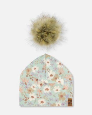 Girl Printed Jersey Detachable Pompom Hat Small White Flowers On Turquoise And Lilac - Toddler|Child