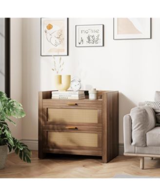 Night Stand Set of 2, Modern Nightstand with Type-C Charging Station, Bedside Tables with 2 PE Rattan Drawers, Rattan Nightstands for Bedroom Living Room