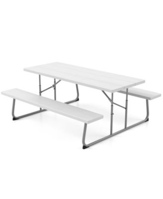 Folding Picnic Table Set with Metal Frame and All-Weather HDPE Tabletop, Umbrella Hole